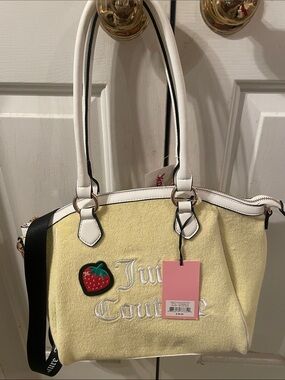 Juicy Couture Yellow Tote with White Handles and Strawberry Patch